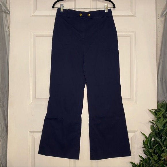 Tory Burch Navy Blue Flared leg Flat Front Gold Button Pants Size 4 - Picture 1 of 7